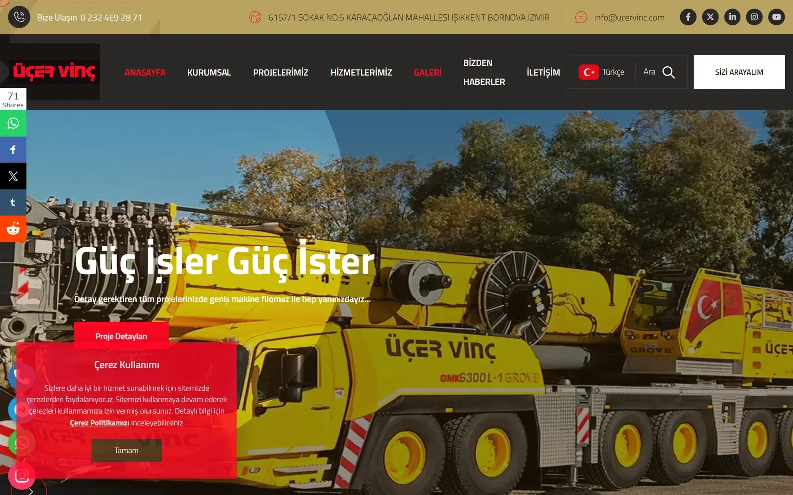 Üçer Vinç mevcut web sitesi ana sayfa
