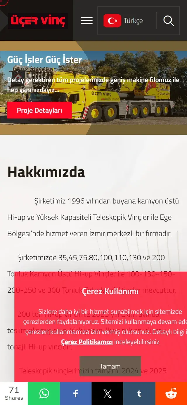 Üçer Vinç mevcut web sitesi mobil